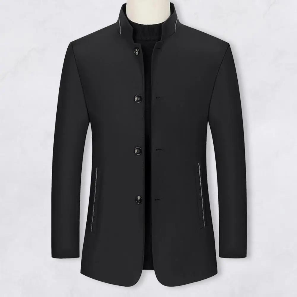 Stand-up Collar Men Jacket Stylish Men's Stand Collar Baseball Jacket with Pockets Long Sleeve Single Breasted Business for Men