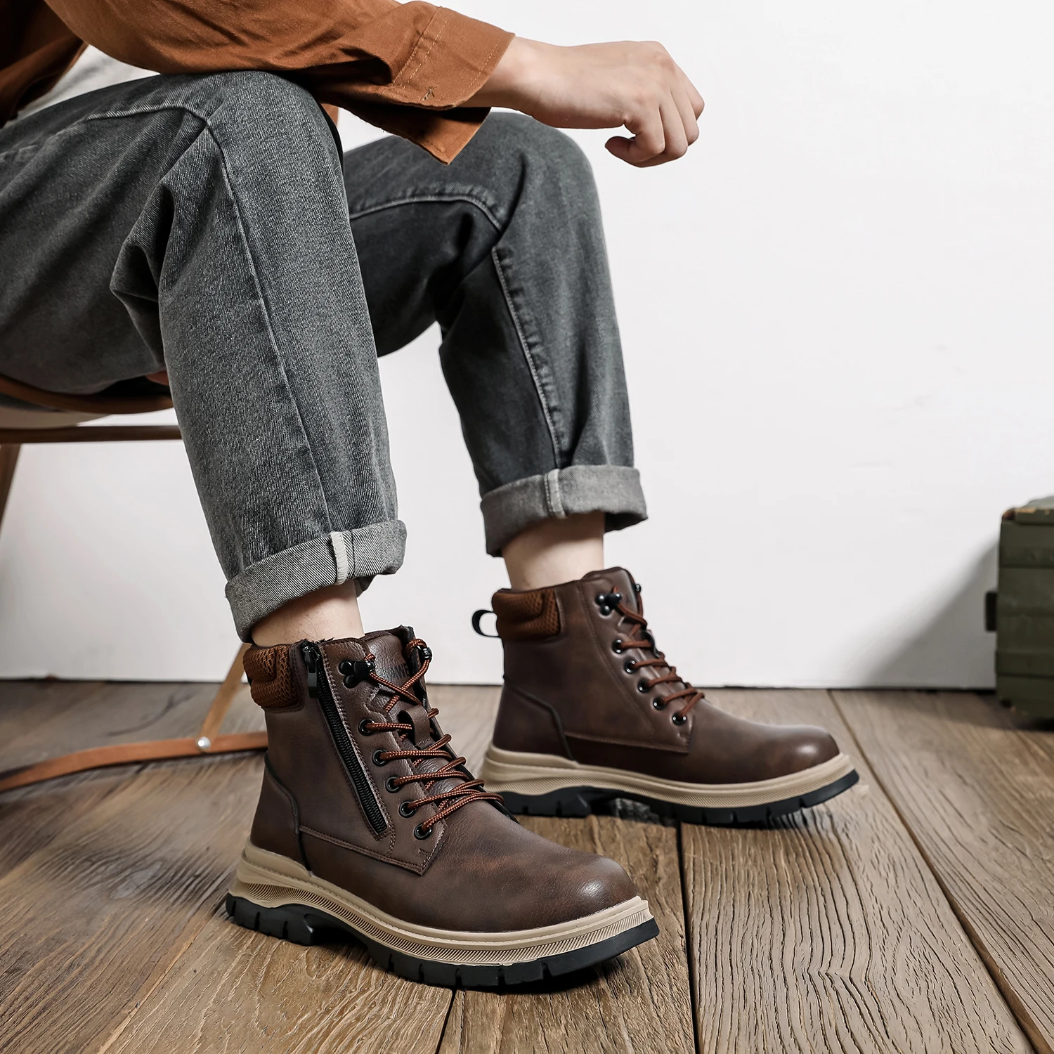 Sicherheitsstiefel Braun Wasserdicht Herren Stahlkappenschuhe Arbeit Anti-Drop Anti-Piercing Starke langlebige Schutzschuhe Unzerstörbar – Detail 5