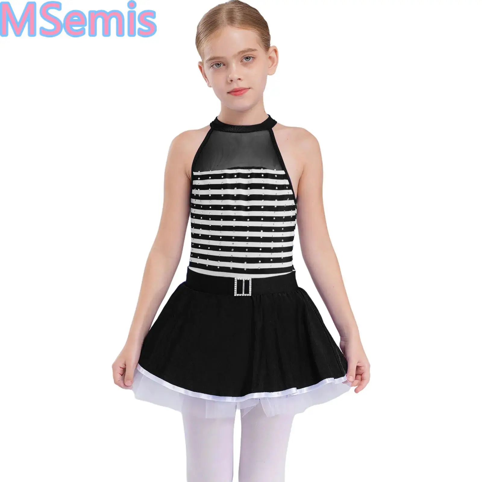 

Kids Girls Patchwork Striped Dance Dresses Shiny Rhinestones Tutu Dress Sleeveless Keyhole Back Sheer Mesh Dancewear