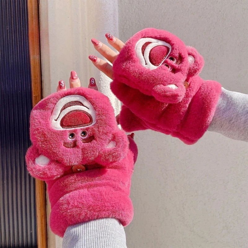 Disney Sweet Lotso Cute Creative Cartoon Pattern New Simple Fashion Soft Skin Friendly Thickened Comfortable Warm Flip Gloves