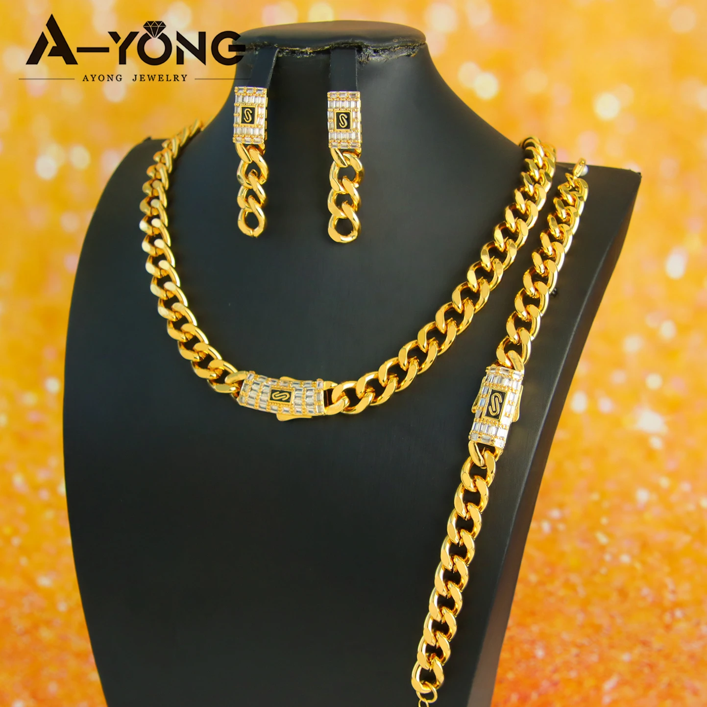 Italienisches Hip Hop-Schmuckset mit kubanischen Gliederketten, 21 Karat vergoldet, islamische Zirkonia-Halskette, Algerien, für Damen und Herren, Hochzeitsschmuck – Detail 3