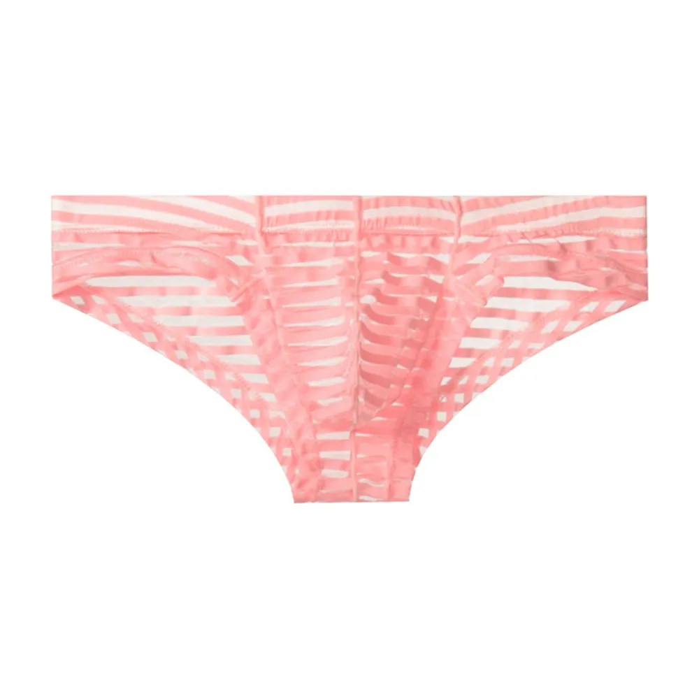 Men Sexy Sheer Mesh Perspective Briefs Horizonal Striped Breathable Panties Low Waist See Through Underpants Bikini Underwear