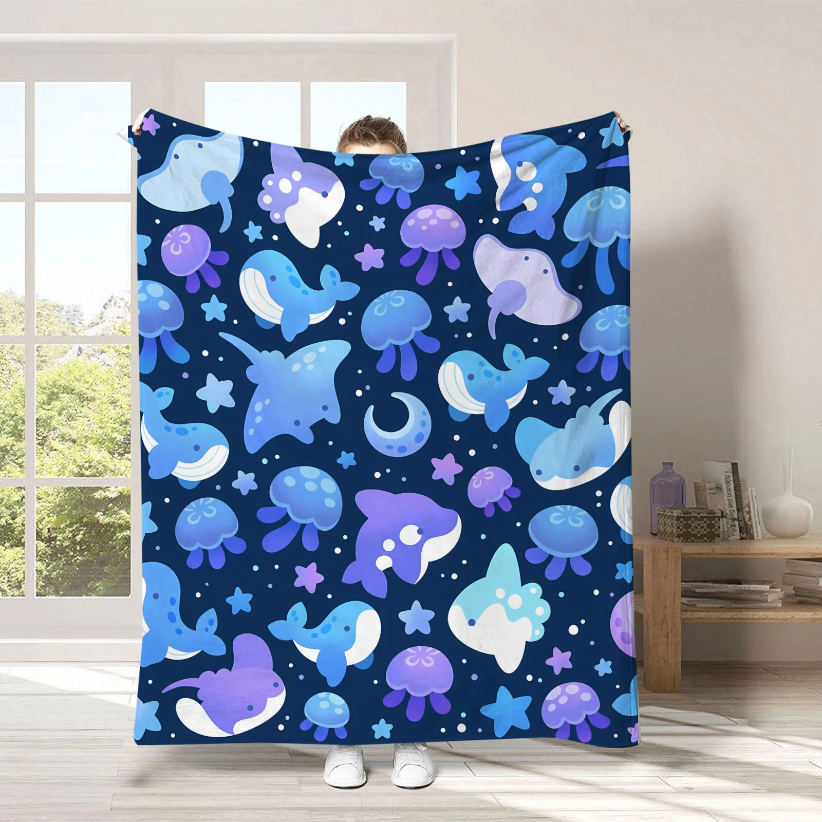 1Pc Blanket Flannel Cartoon Marine Whale Manta Ray Print QualityThrow Couch Fluffy Home Work Decoration Excellent Gift Choice