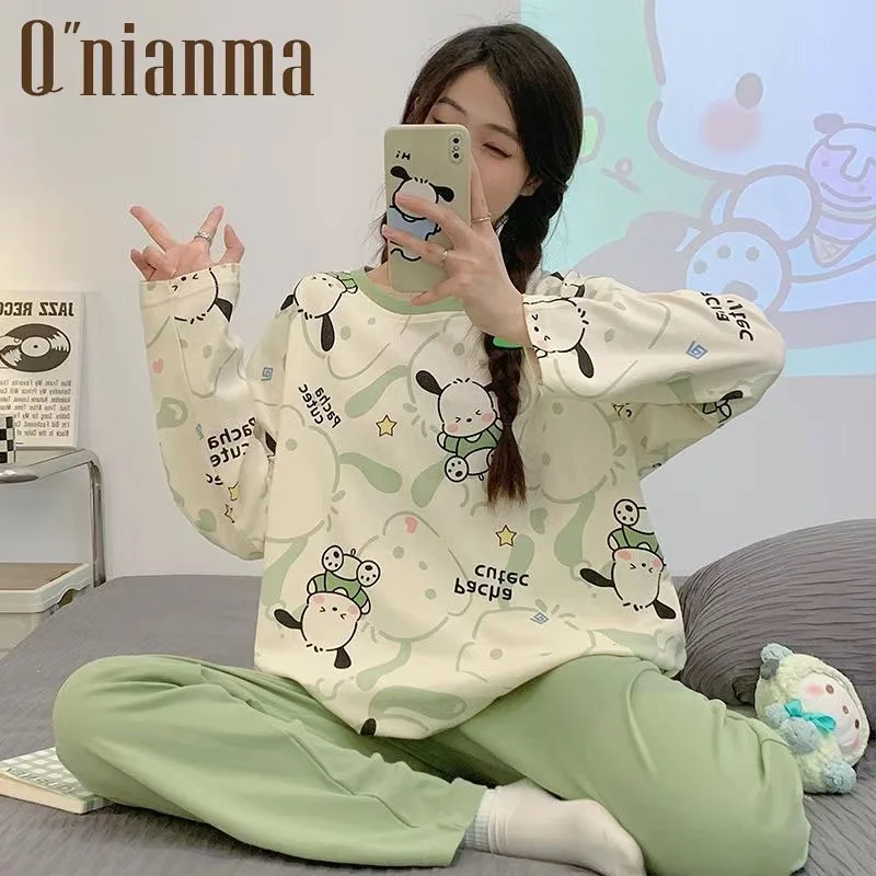 

Sanrio Hello Kitty женские пижамы с круглым вырезом Kawaii мультфильм студенческие весенне-осенние длинные брюки с длинными рукавами комплект домашней одежды