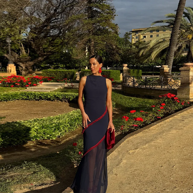 

2025 Summer New Women's Temperament Celebrity Sleeveless Split Dress Mesh Dress Women's Europe, America