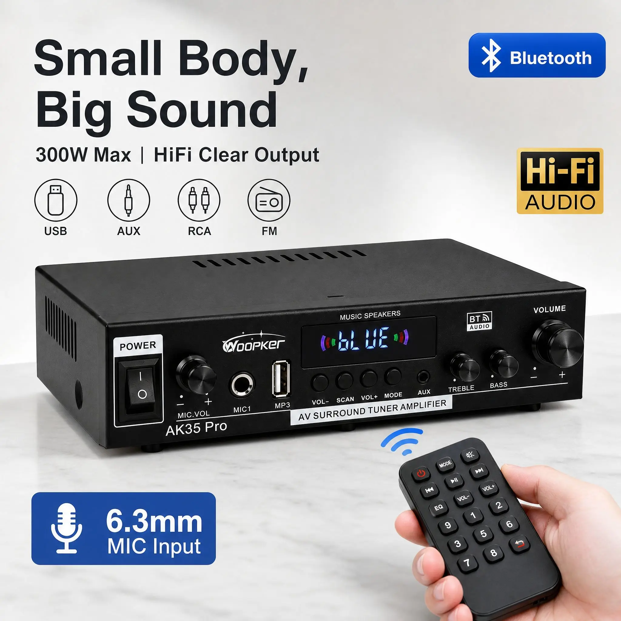 Woopker AK35 Pro Digitaler Bluetooth-Soundverstärker, 2-Kanal, FM, USB, Mikrofon, HIFi, Fernbedienung, Audioverstärker, Bass für Heimkino, Auto, Karaoke