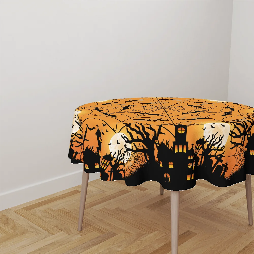 1pc Halloween party tablecloth, polyester haunted house and bat design, machine-made