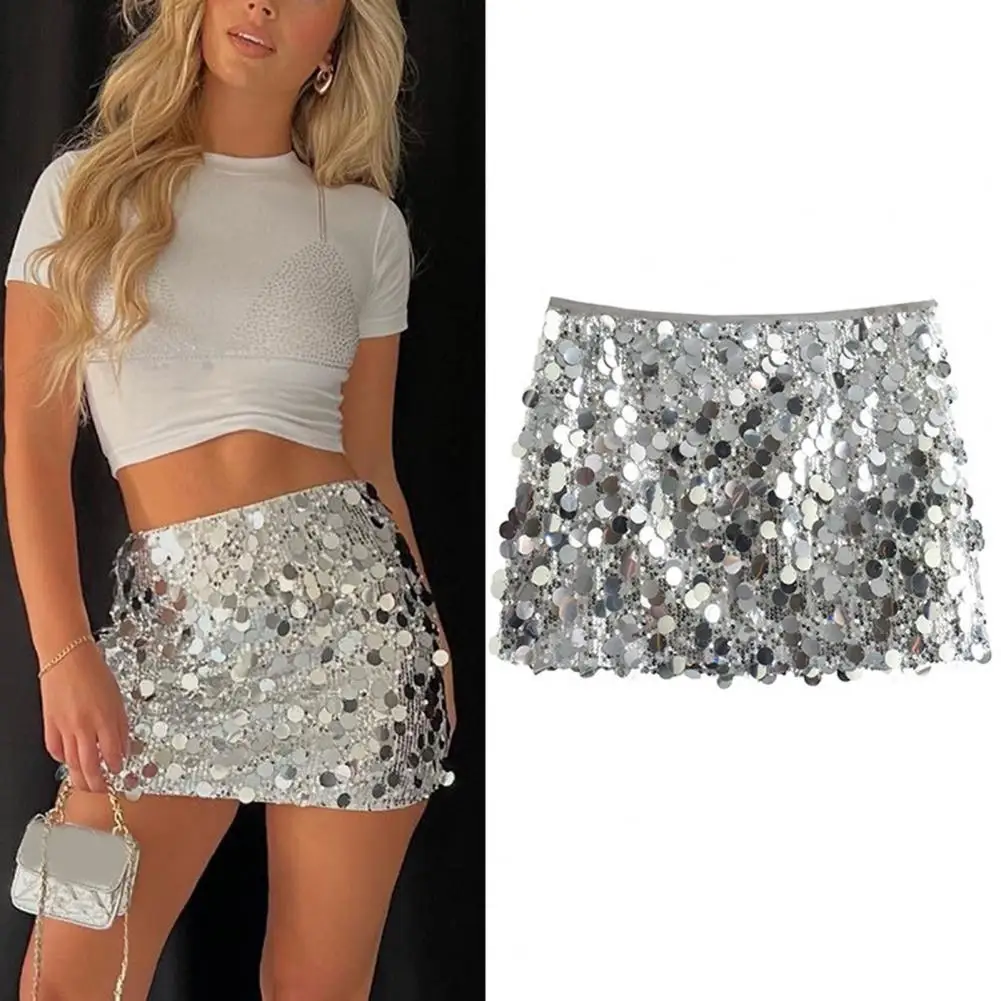 Jupe à paillettes pour femmes, taille haute, moulante, scintillante, mini-jupe à paillettes, extensible, courte, pour soirée, A lancorsi