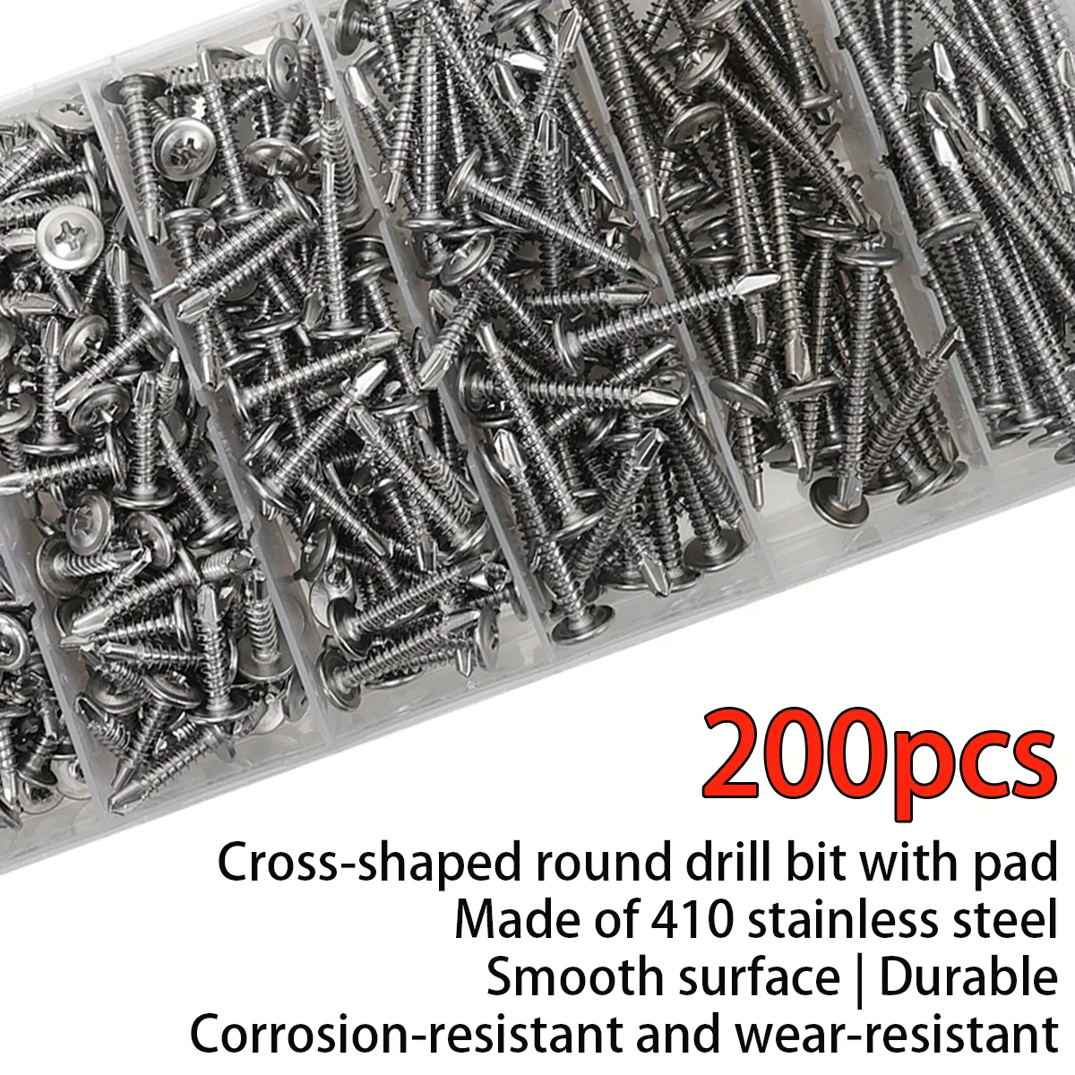 200pcs Phillips Self-Tapping Screw Set, 410 Stainless Steel, 4.2mm Self-Tapping Screws, Corrosion and Rust Resistant