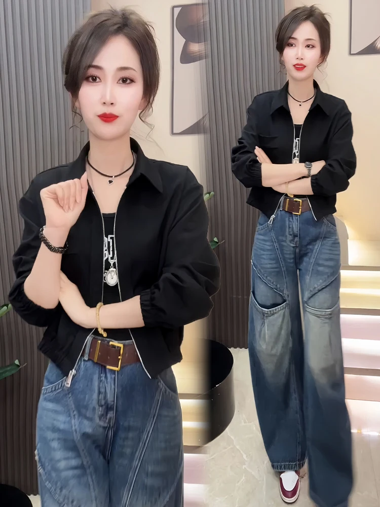 

Faionable ort Flip-Collar Jaet Women's Sli Slimming Early Autumn New Arrival Casual Loose Fit Color Top