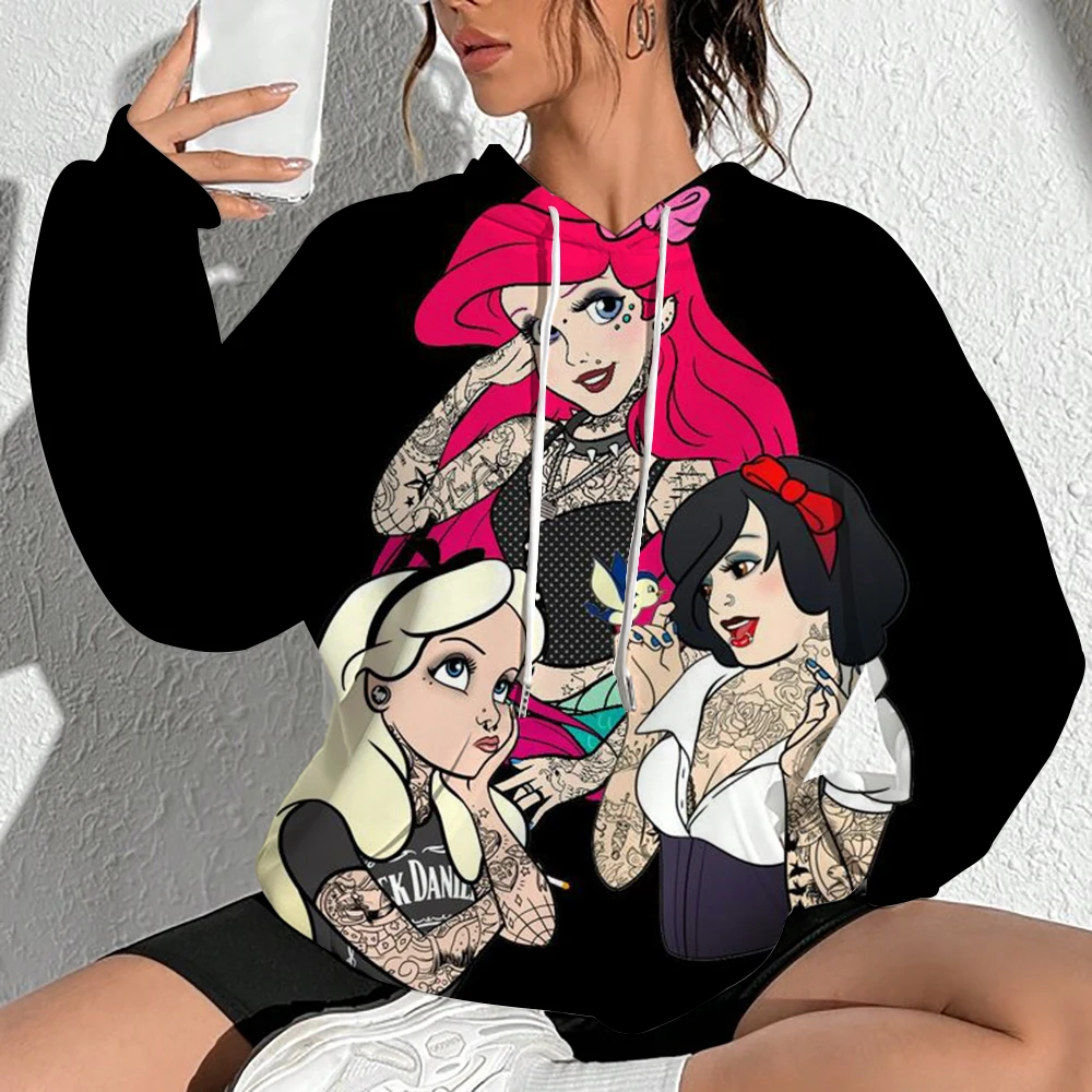 เสื้อสเวตเตอร์มีฮู้ดพิมพ์ลายเจ้าหญิงดิสนีย์ผู้หญิงสวมใส่สบายเสื้อสเวตเตอร์มีฮู้ดแบบพื้นฐานเสื้อผ้าผู้หญิง