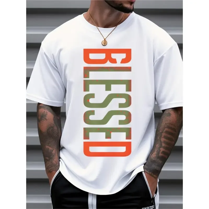 Men's Classic BLESSED Black Cotton Crew Neck Short-Sleeve Tee - Lightweight Fitted Casual Printed Top, Comfy Breathable Fabric, Relaxed Fit, True-to-Size, Machine Washable, Suitable for Summer Daily & Outdoor Wear, Menswear
