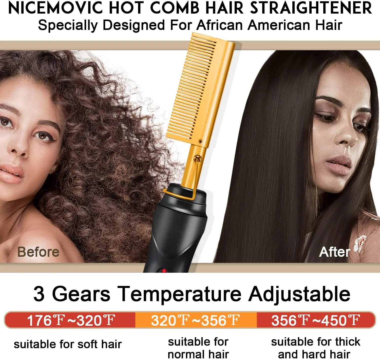 Ceramic Heating Hair Straightener Comb - Hot Pressing Brush for Natural Black Hair, Beard, Wigs, Curling, Gold - view 3