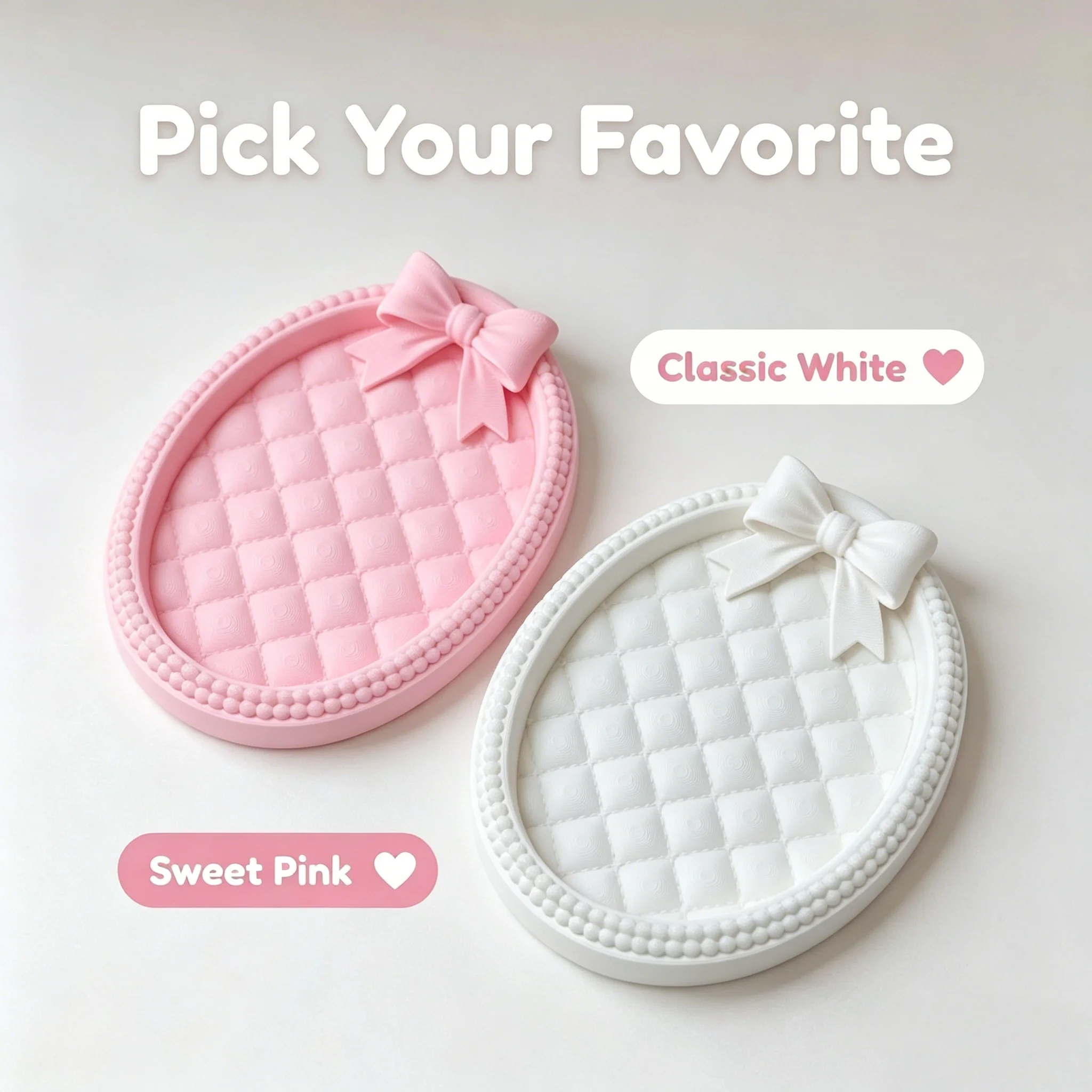Bow Decor Jewelry Tray, Cute Oval Vanity Organizer, Pink & White Dresser Tray for Rings Earrings Necklaces Keys and Small Items