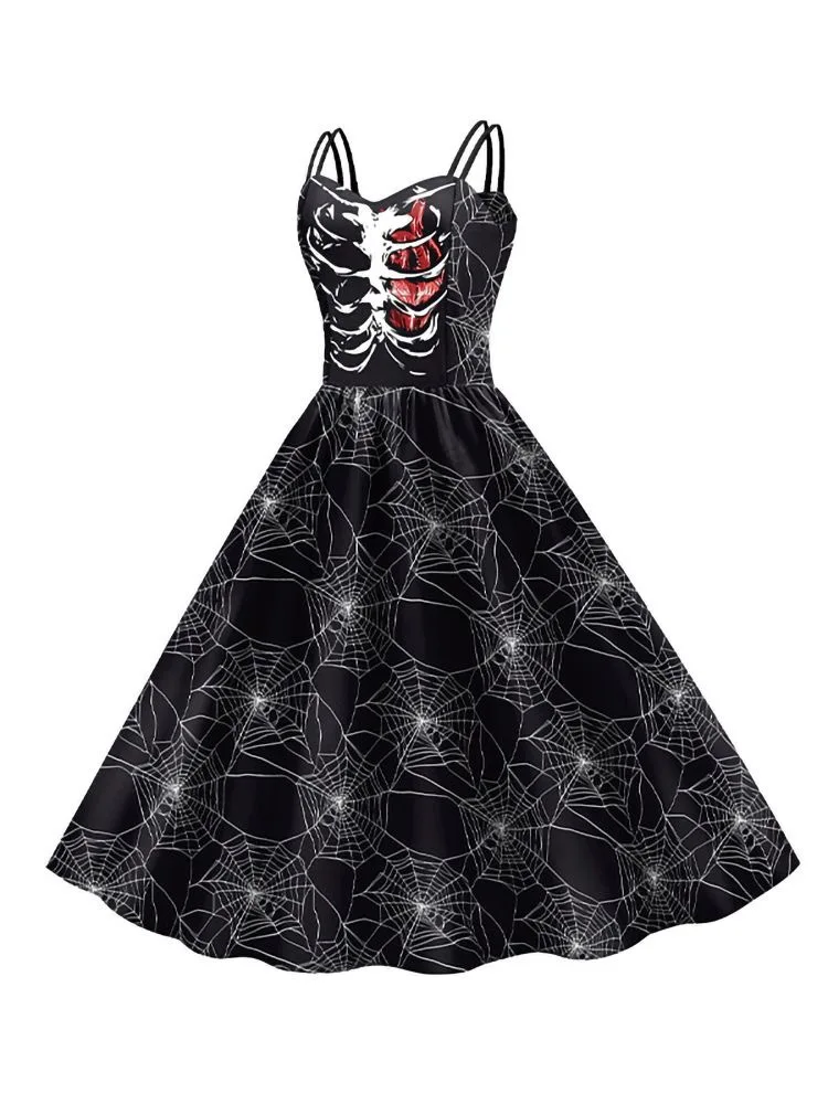 Vintage Gothic Doppelriemen-Swingkleid mit Skelett-Brustmuster, mehrfarbigem Blumen- und Totenkopf-Aufdruck, Damen-Halloween-Cosplay-Kostüm – Detail 6