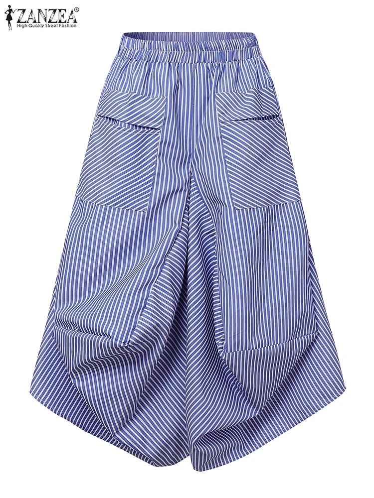 ZANZEA 2025 Casual Loose Striped Harem Pants Korean Style Big Pockets Trousers Vintage Pleated Elastic Waist Calf-Length Bottoms