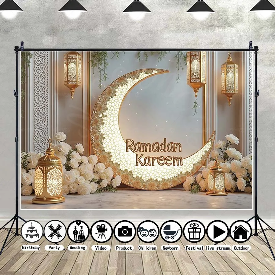 

MOON.QG Ramadan Backdrop Crescent White Floral Ornate Wall Decor Background Photography Festival Poster Studio Photoshoot