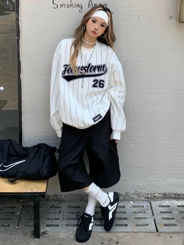 Adagirl y2k rosa übergroße Sweatshirt weibliche gestreifte Langarm Baseball Hoodie Hip Hop Streetwear lässige Frauen Kleidung kpop