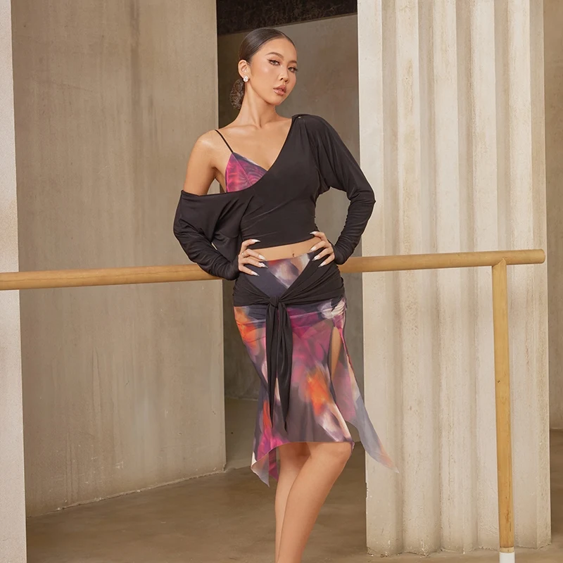 ZYM ملابس الرقص اللاتينية النساء بلايز غير النظامية تنورة الكبار رومبا Dancewear طويلة الأكمام ممارسة الملابس أداء زي #4