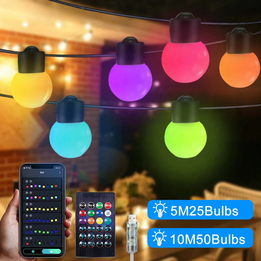 

Умное приложение, уличные RGB гирлянды, 33 фута, светодиодные лампы RGB с регулируемой яркостью, меняющие цвет, подвесные светильники для рождественской вечеринки