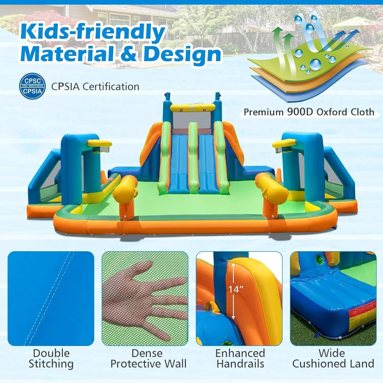 منزلق مائي قابل للنفخ، 19 × 17 قدم ميجا واترزلايد بارك شرائح طويلة مزدوجة لمتعة السباق مع جدار تسلق مزدوج، حمام سباحة كبير، Wa