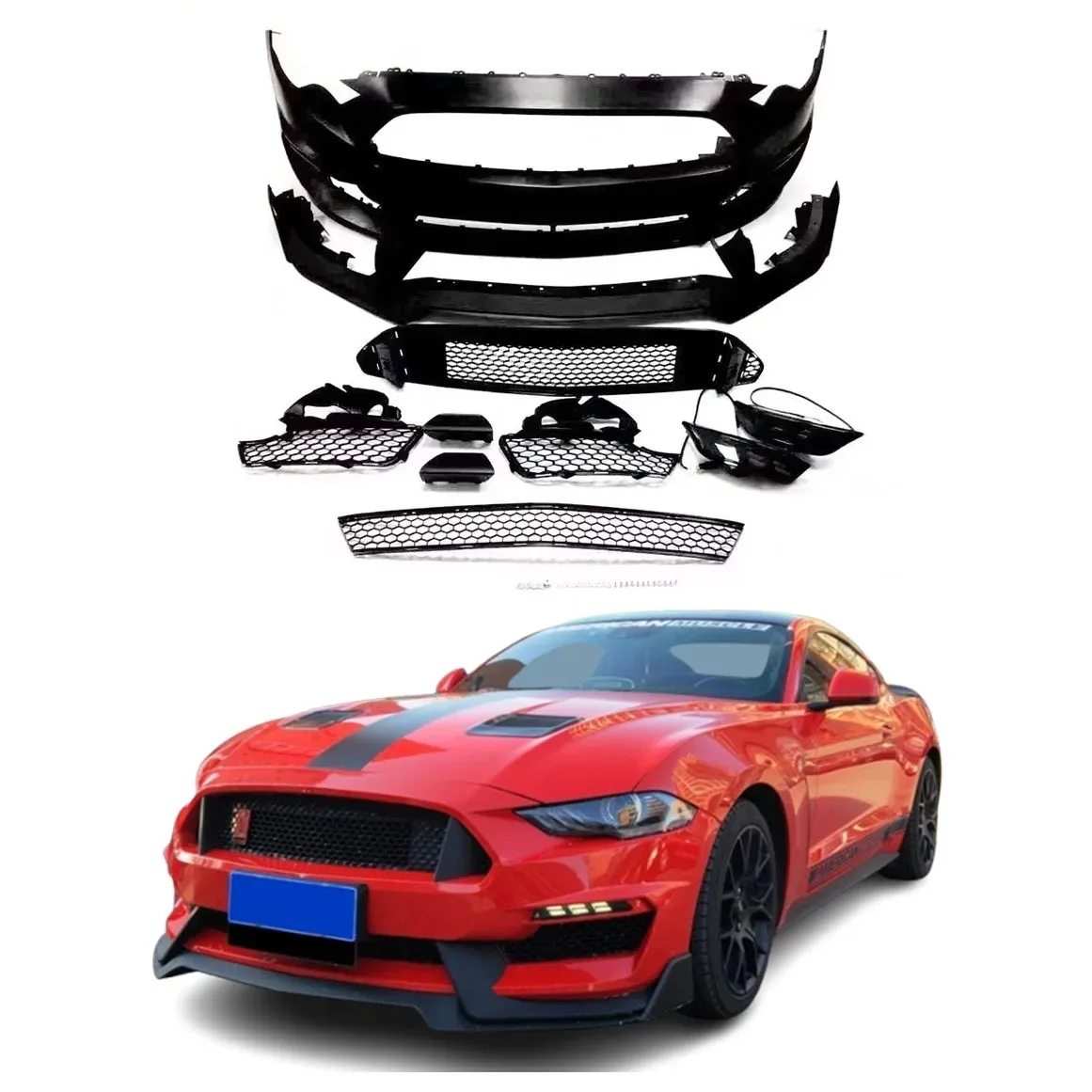 

High Quality Body Kit For 18-23 Ford Mustang Upgrade GT350 Style PP Material Front Bumper Grille Front Lip Perfect Mustang Kit