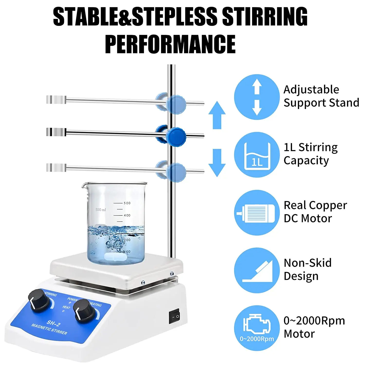SH-2Lab Magnetic Stirrer Plate for Chemistry  1000ml Capacity 100~2000 RPM Speed Resin Epoxy Stirring Bar Support Stand Included