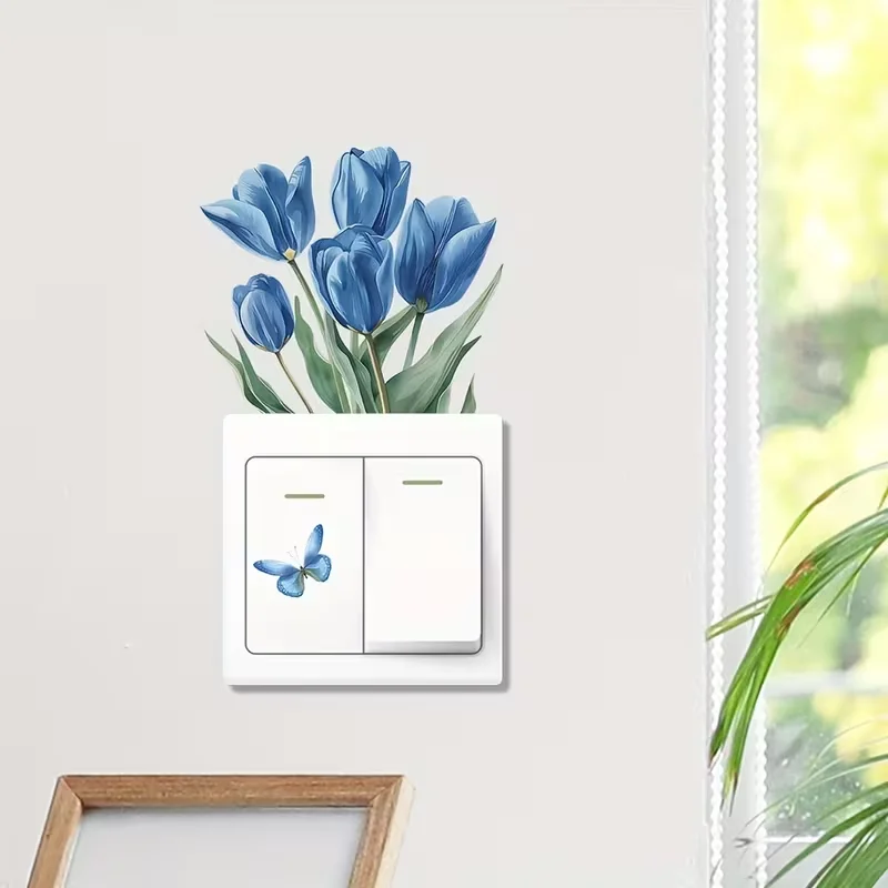 Blue Hyacinth and Butterfly Light Switch Wall Decal – Self-adhesive, romantic home decor for bedrooms and living rooms; perfect
