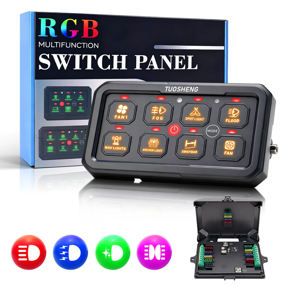 US stock 8-position switch panel waterproof LED backlight auxiliary control box, suitable for cars, trucks, ships, UTV, ATV ligh