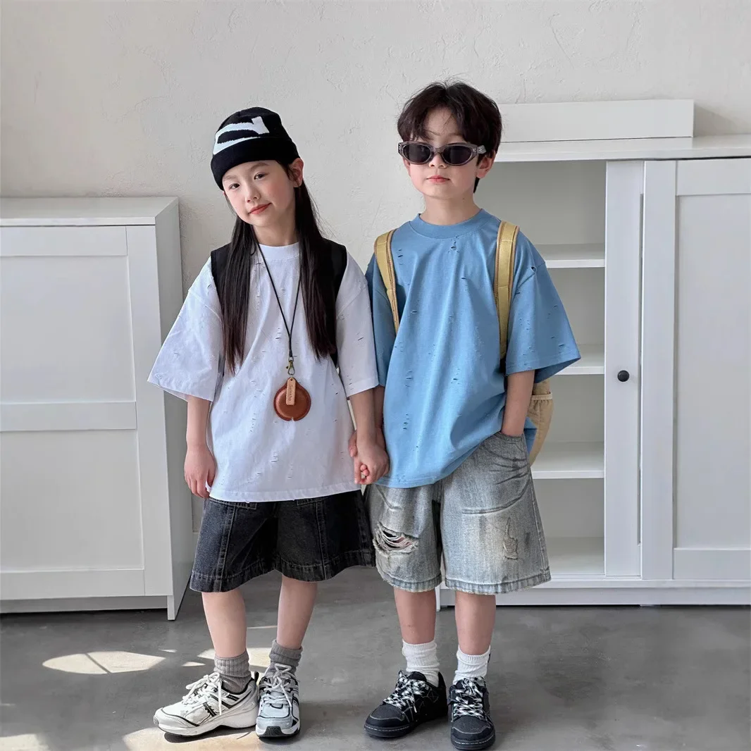 

Children Clothes Kids Loose T Shirt 2025 Summer New Korean Style Solid Color Short-sleeved Boys and Girls Loose T-shirt Top