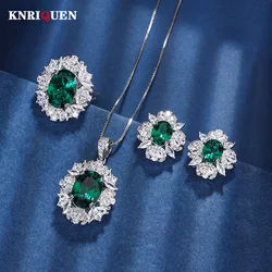 Vintage 10*14mm Emerald Necklace Pendant Ring Earrings Cocktail Party Gemstone Lab Diamond Jewelry Set for Women AnniversaryGift