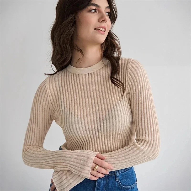 See Through Ribbed Mesh Top Women Transparent Long Sleeve Sexy Slim Solid Elegant Striped Basic Casual Daily Wear Pullovers