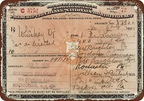 1924 Prescription for Whiskey During Prohibition Vintage Look Reproduction Metal Tin Sign 12X18