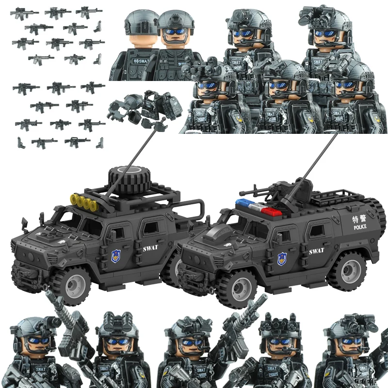 

Modern City SWAT Special Forces Figures Building Blocks Commando Police Army Soldiers Armor Car Military Weapons Bricks Toys