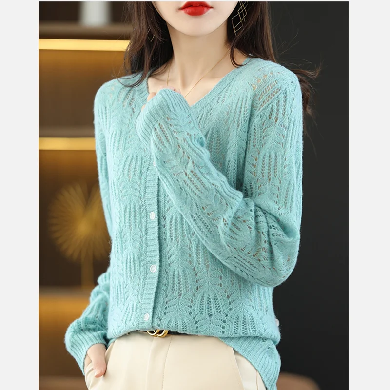 Spring/Autumn Thin Section Knitted Wool Cardigan Women's Long-Sleeved Top Loose Hollow Jacket Fashion Cashmere Women's Clothing