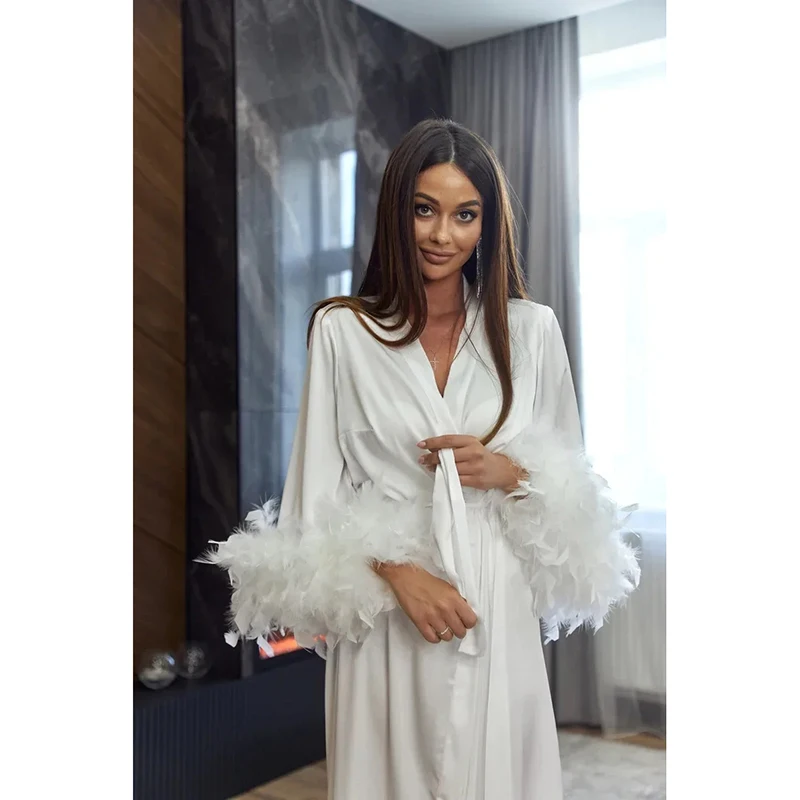 Fur Robe For Women Wedding Morning Robe Side High Split Sexy Pajamas Bride Silk Robe Long Feather Sleeve Female Elegant Dress