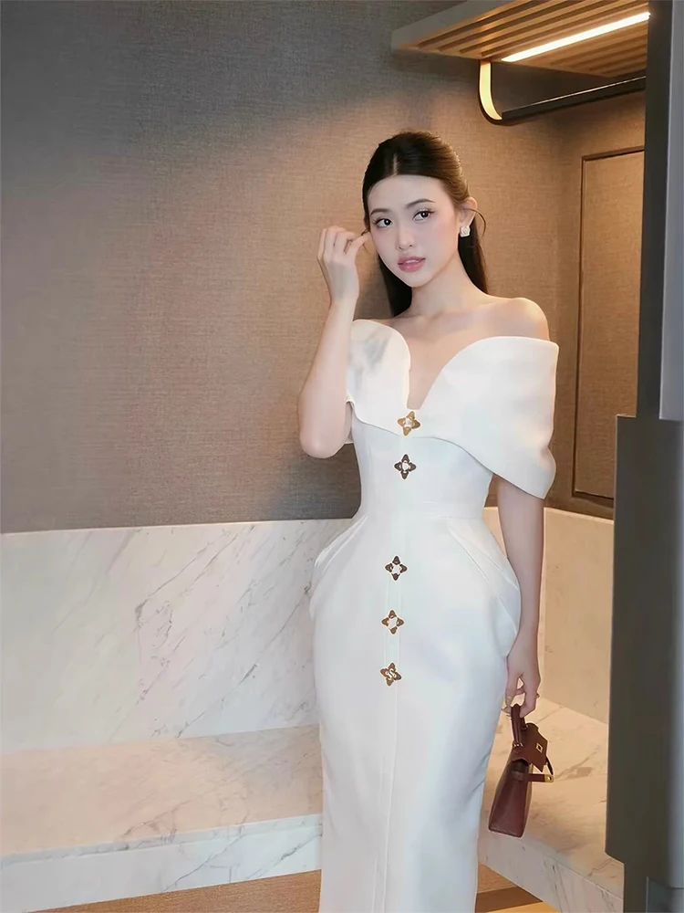 

Elegant White One-Shoulder Dress Women's Fashionable Long Evening Gown Birthday Party Dress Luxury Sensation A-Line Skirt
