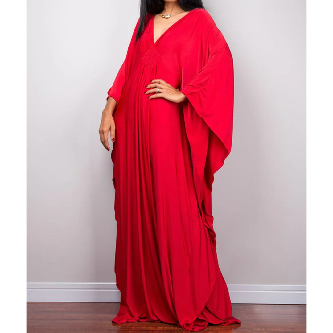 Langes Kleid im Stil einer griechischen Göttin, Tunika mit Fledermausärmeln, Strandkleid, Strandtuch, Strandmode, Kaftan, Maxikleid V4427 – Detail 30