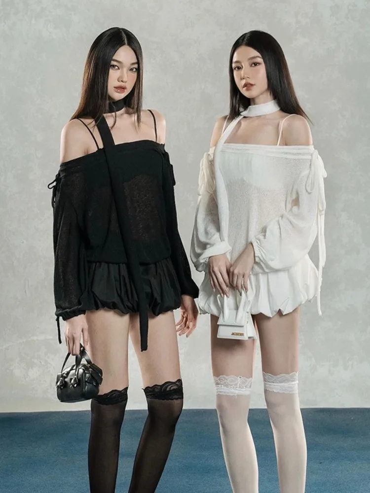 Streetwear See Through Sexy Dresses Harajuku Vintage Bandage Solid Robe Autumn A-line Vestidos Y2k Aesthetic Slash Neck Dresses