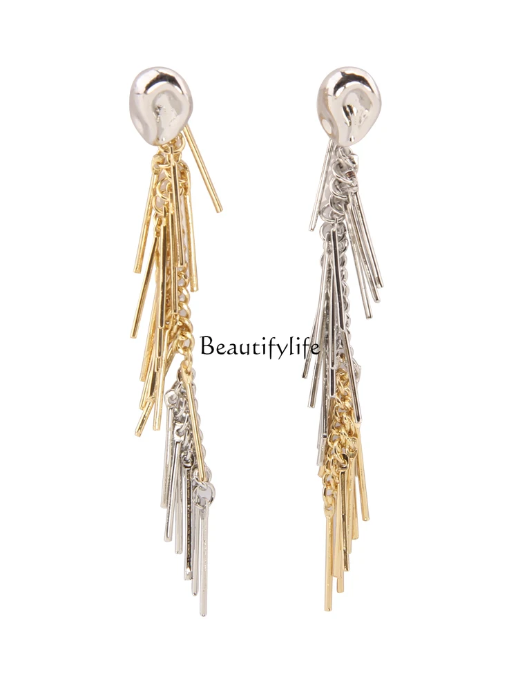 

Retro gold and silver color matching fringed asymmetrical long earrings light luxury high-end temperament stud earrings