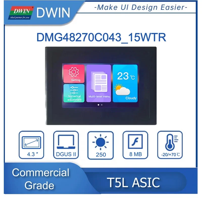 DWIN 4.3 بوصة 480*272 دقة 262K ألوان TV-TN-TFT-LCD شاشة لمس مقاومة مع منفذ HMI UART DMG48270C043_15WTR