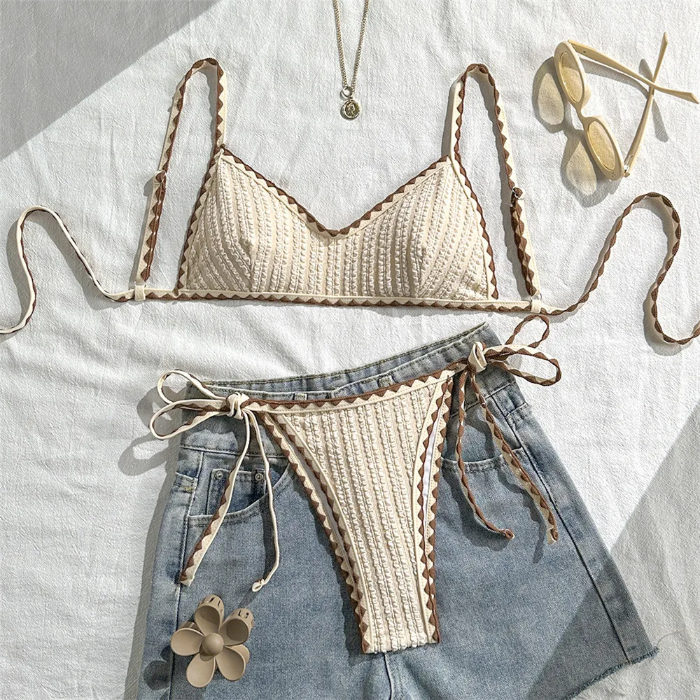 

Sexy Beige String Thong Micro Bikini Woman Swimsuit 2026 Texture Swimwear Swimming Bathing Suit Brazilian Bikinis Sets De Mujer