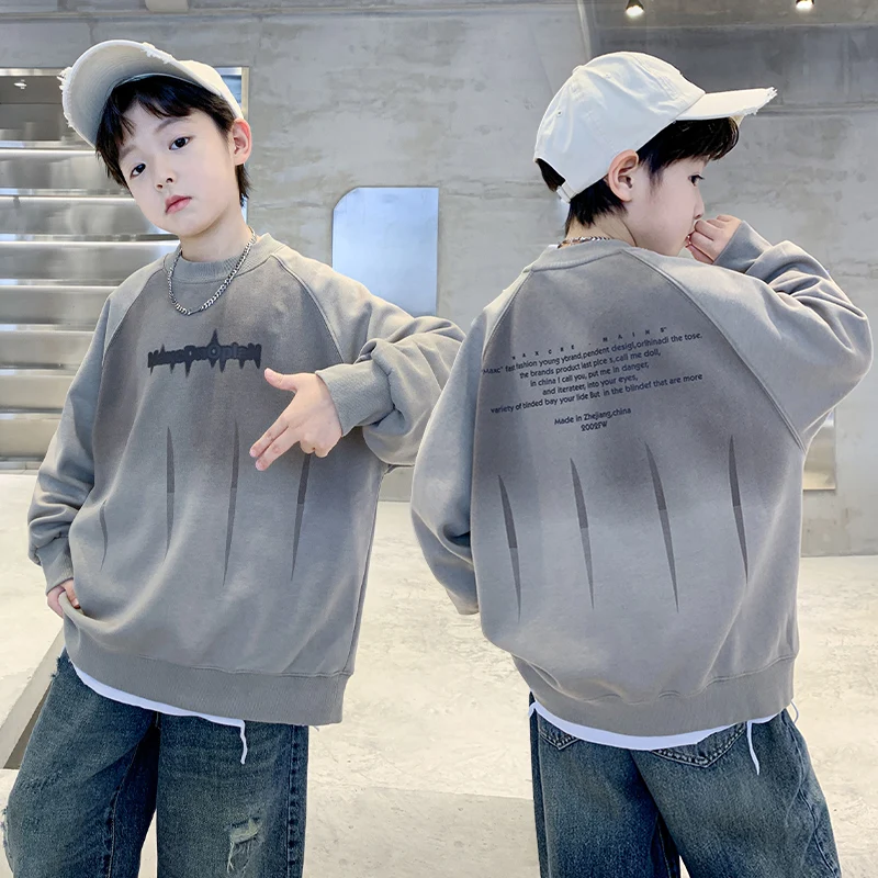 

New Autumn Kids Boy Vintage Retro Sweatshirts Top for Teens Casual Loose Gradient Pullover Tops Cotton Long Sleeve Casual Outfit