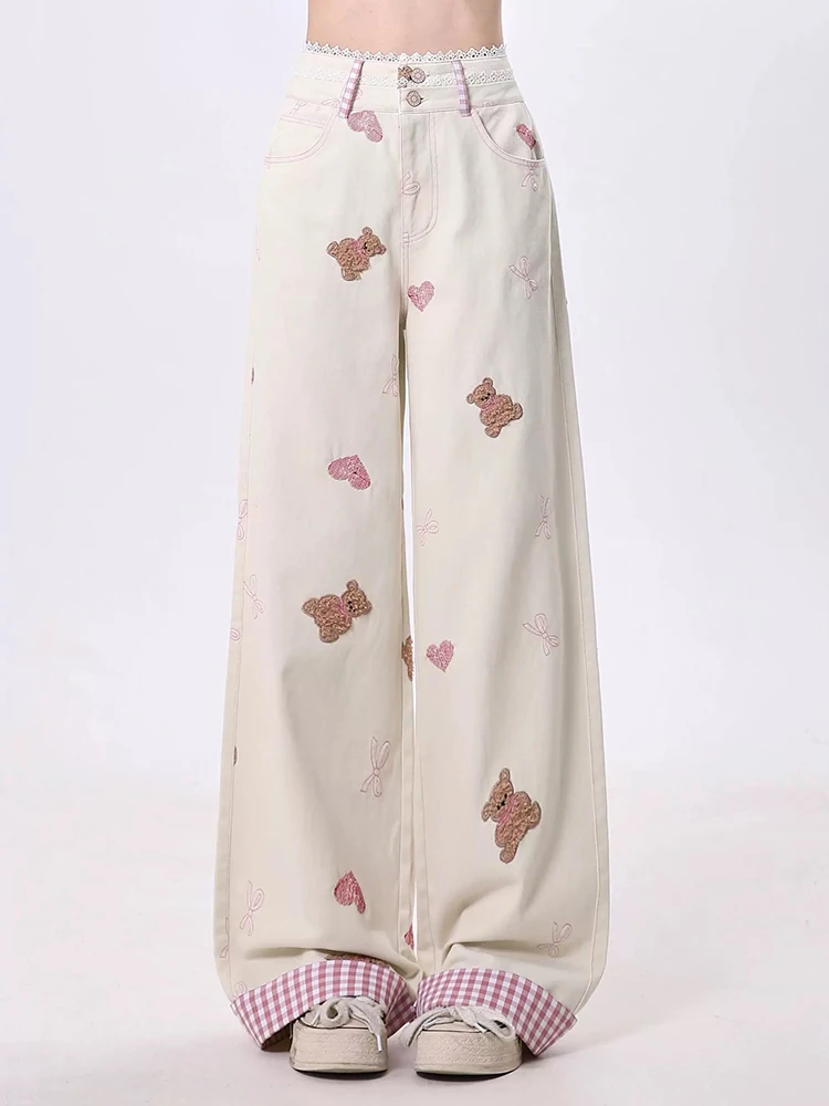 

Casual Women Embroidered Lace Edge Patchwork Wide Leg Jeans Spring Fashion High Waisted Women'sloose Straight Leg Jeans