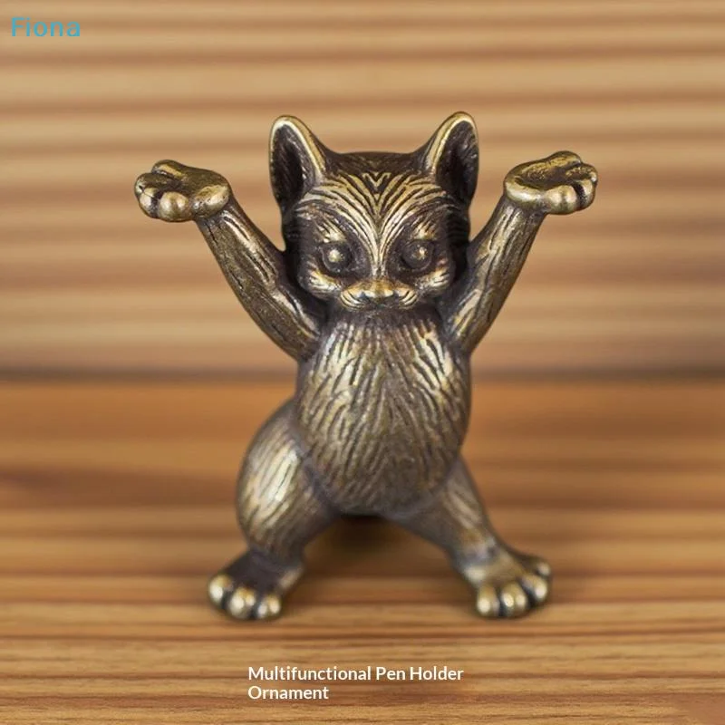 ☭Vintage Brass Cat Figurine - Multifunctional Desktop Ornament (Cute Raised-Paw Design)