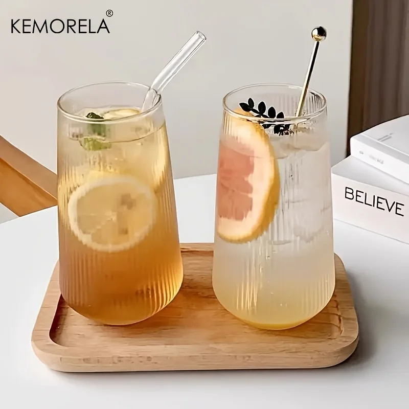 KEMORELA 4/6PCS Heat-Resistant Vertical Stripes Clear Glass Cup With Lid Straw Coffee Cup Milk Beer Juice Tea Cup Drinking Cup