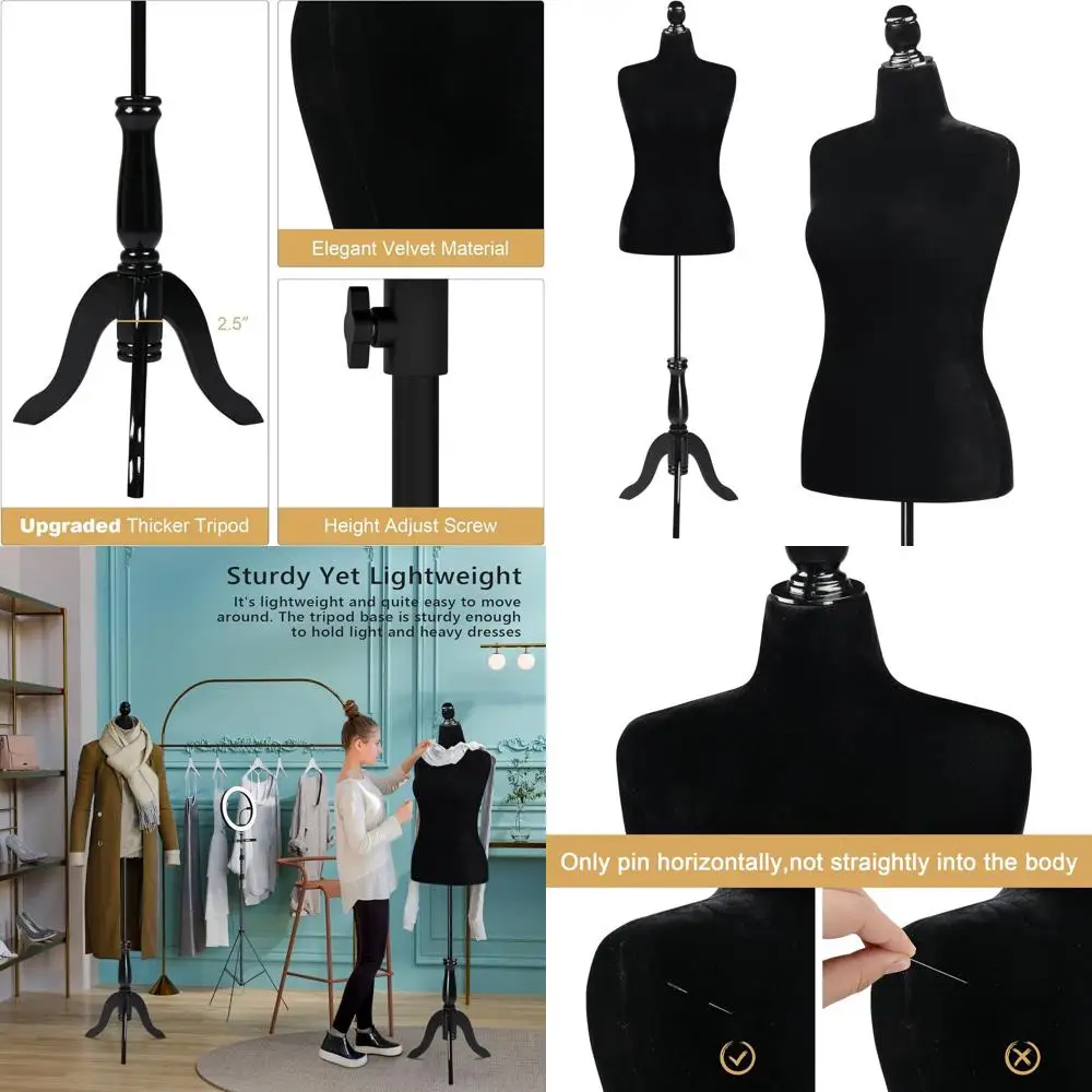 

Adjustable Height Female Mannequin, Size 10-16, Medium to Large, Black, with Upgraded Tripod Stand for Sewing & Display