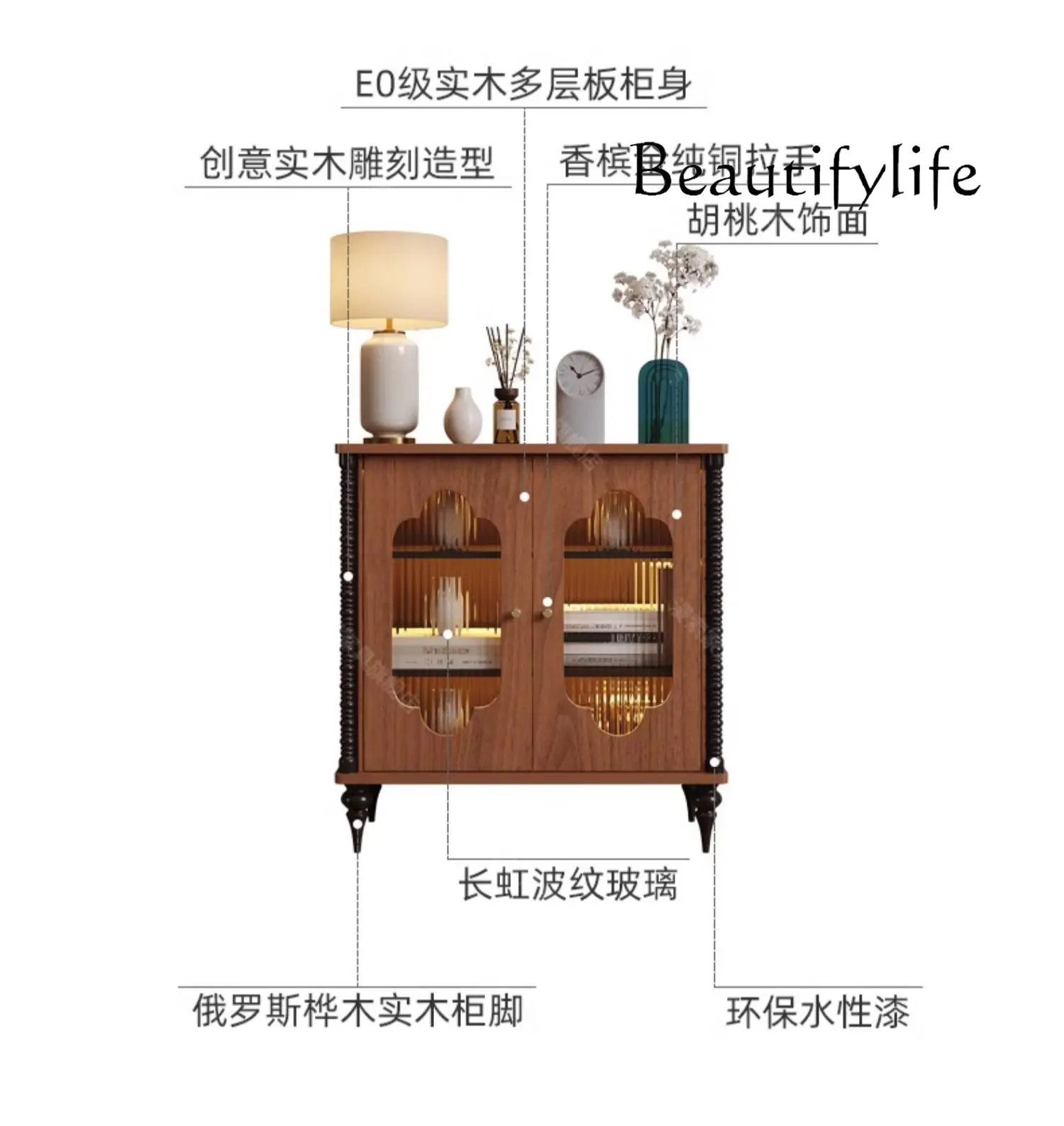 French Style Antique Entrance Cabinet Solid Wood Carved Corrugated Glass Curio Cabinet Light Luxury Living Room Locker