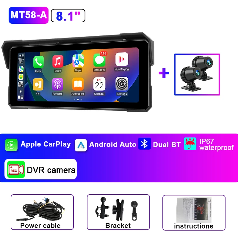 Jansite Draagbare 8.1 inch IP67 Waterdichte Motorfiets 4K DVR GPS Navigatie Draadloze Carplay Android Auto Moto Recorder Monitor