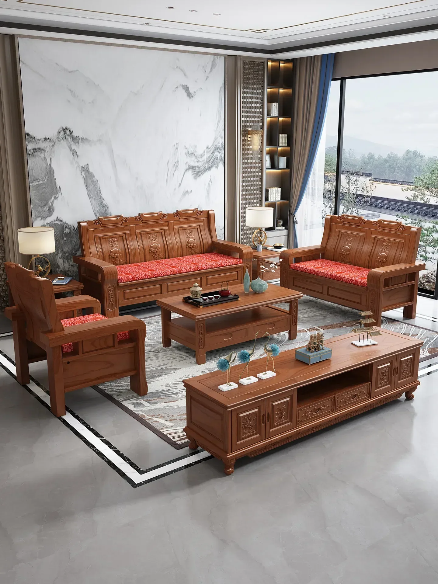 O17- wealth and treasure] Chinese rosewood antique carved solid wood sofa combination rural winter and summer dual-use
